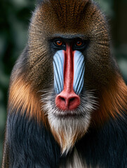 Obraz premium Mandrill monkey portrait with vibrant blue and red facial markings, intense gaze, detailed fur texture, natural wildlife background