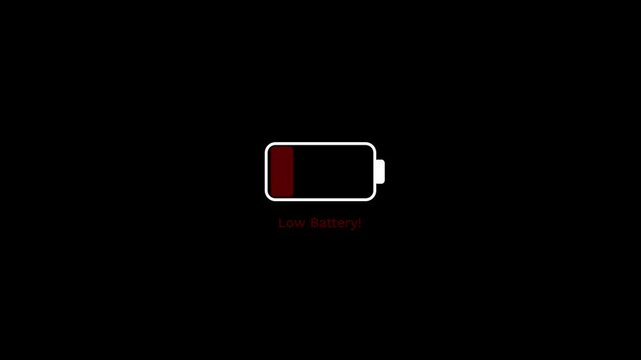 Red low battery status alert indicator icon.Low battery icon with red indicator on black background symbolizing low power level.Red alert, critical battery or system power, battery down.