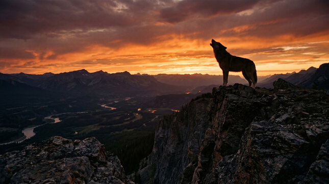 Lone Wolf Howling on Mountain Cliff Peak at Dramatic Sunset with Golden Orange Sky and Valley Horizon