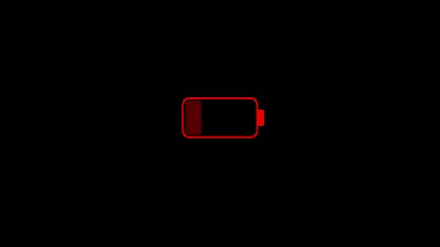 Red low battery status alert indicator icon.Low battery icon with red indicator on black background symbolizing low power level.Red alert, critical battery or system power, battery down.