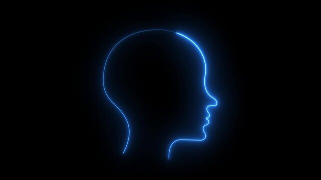 Glowing neon Human Head Profile loading in Mind. Business creativity and Innovation concept. Abstract visual representing creative thinking, motion animate 4k video.