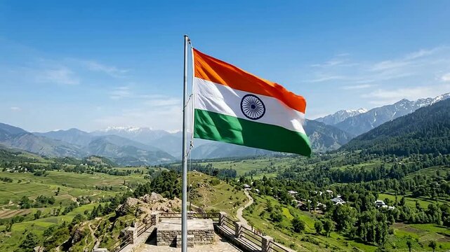 Indian National Flag Flying Over Mountain Landscape
