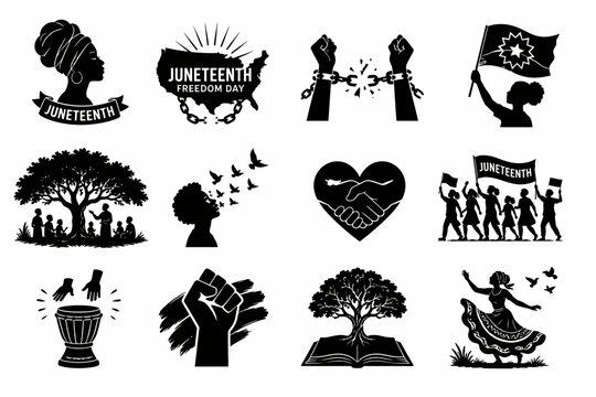 Premium Juneteenth Heritage Black Silhouette Illustration Set Featuring Freedom Education Culture and Community Unity