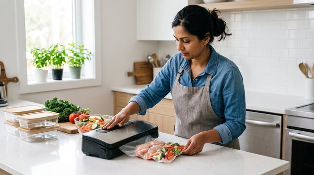 Indian woman vacuum sealing chicken and vegetables in modern kitchen for healthy meal prep and food preservation