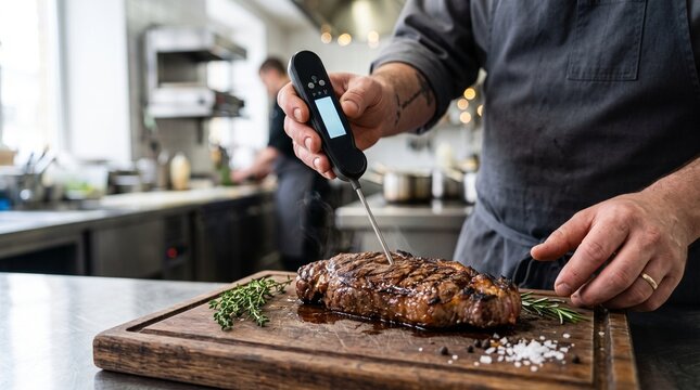 Professional chef checking temperature of grilled ribeye steak with digital thermometer in restaurant kitchen