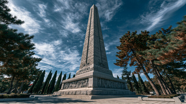 Majestic gray granite obelisk monument rising against vivid azure sky with white clouds, solemn memorial setting with pine trees, ideal for patriotic education and official campaigns.
