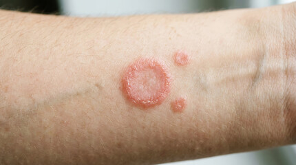 Fototapeta premium Red, scaly skin lesion on fair skin