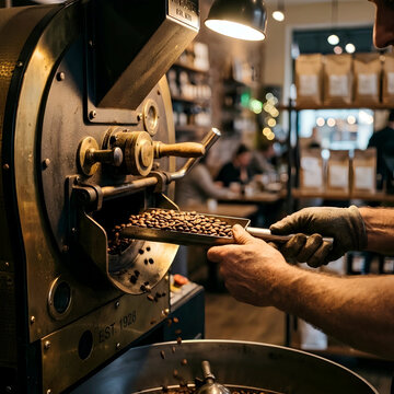 Artisan Coffee Roaster Checking Roasted Beans with Trier on Industrial Machine