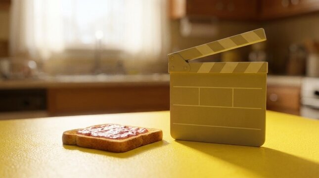 Movie clapperboard and peanut butter toast on yellow counter.