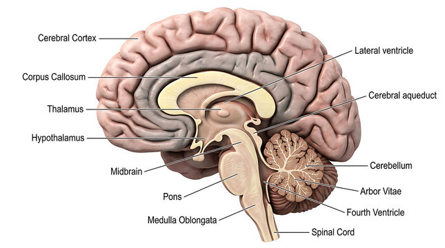Sagittal section of human brain highlighting major anatomical structures