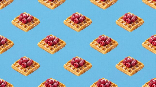 Pattern of Belgian waffles with raspberries on blue.