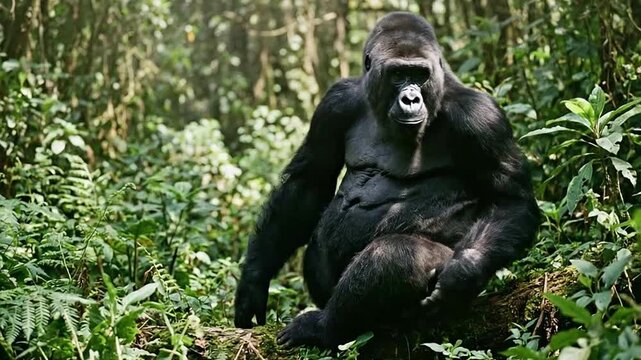 Majestic Gorilla Walking Through Dense Jungle Vegetation