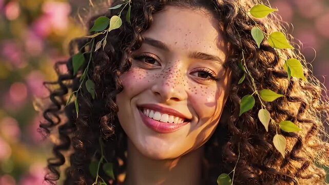 Beautiful Young Woman with Curly Hair and Freckles Adorned with Green Leaves in Sunlight