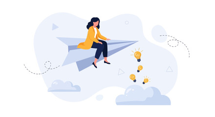 Obraz premium Woman riding paper airplane with ideas flowing, representing innovation and creativity.