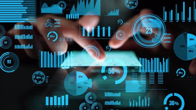 A close-up view of hands interacting with a digital interface showcasing various graphs and metrics, symbolizing the importance of data analysis in decision-making processes. Xenic