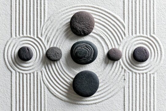 Zen garden rocks creating harmony and balance in sand
