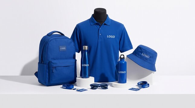 Blue Corporate Branding Merchandise Set Mockup with Polo Shirt and Backpack