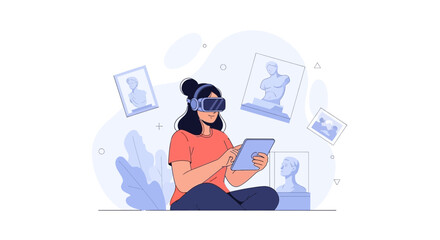 Obraz premium Woman using VR headset and tablet in virtual museum, interacting with digital art and sculptures
