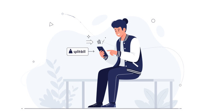 Young man using smartphone to split a bill, modern flat illustration style