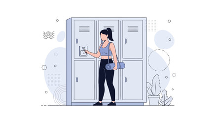 Obraz premium Woman with Gym Bag Using Locker in Modern Fitness Center Locker Room, Healthy Lifestyle Concept
