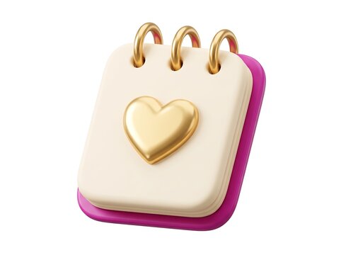 3D render of cute spiral notepad with golden heart icon for love and memories notebook affection