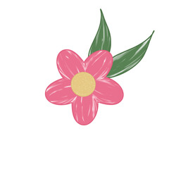 Fototapeta premium Flower and leaves cute illustration doodle that can be used for sticker, book, scrapbook, icon, decorative, etc. with aesthetic colorful green leaf and pink colors 
