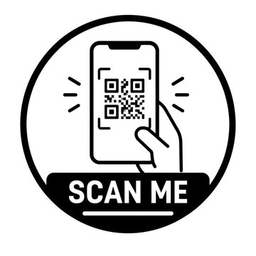 Minimalist Scan Me QR Code Icon with Smartphone and Hand for Contactless Mobile Payment, Digital Menu, App Download, and Cashless Technology. 