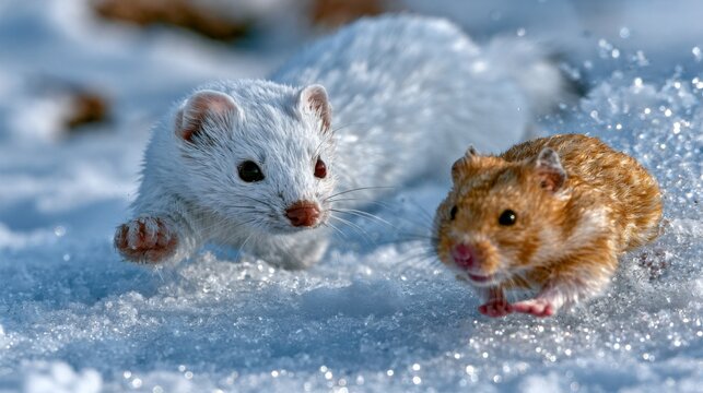 Weasel Chases Golden Hamster Across Snowy Field