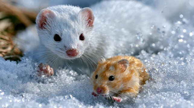 Weasel Chases Hamster Across Snow Field at Dawn