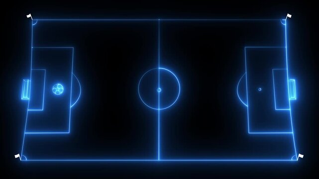 A flat illustration top down view of a professional soccer field a flat illustration animation in black background, 4k video.