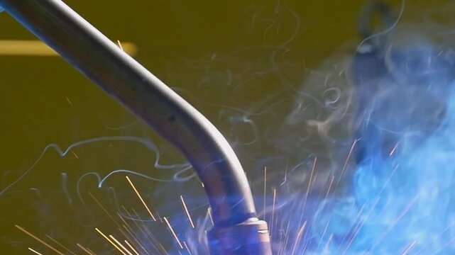 Close-up of an industrial robot performing argon welding on metal pipes. Sparks fly as the machine skillfully fuses metal together, showcasing the beauty of technology and craftsmanship.