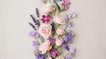 Fototapeta premium Pink roses and purple wildflowers in vertical floral layout