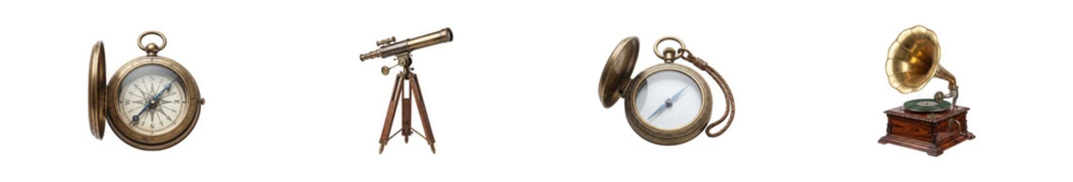 Set of antique items including pocket watch, telescope, and gramophone isolated on transparent background.