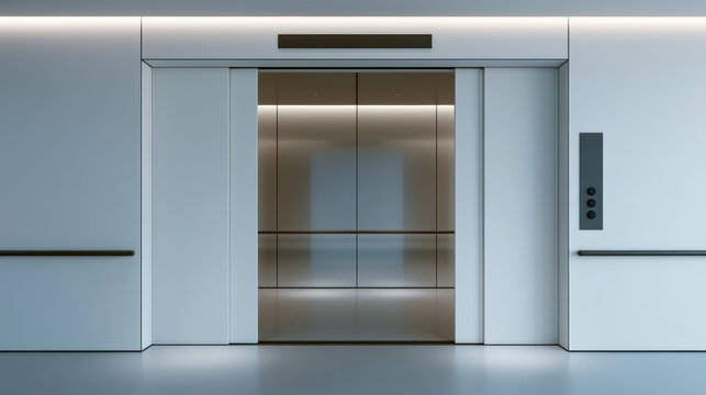 Modern elevator with two white automatic sliding doors, minimalistic interior, stainless steel, bright lighting, clean, contemporary design