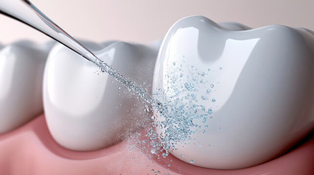 Water jet cleaning tooth enamel dental hygiene oral care healthy gum closeup white tooth cleaning freshness sparkling water