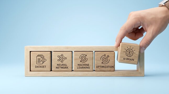 Hand placing wooden cube labeled ai brain to complete artificial intelligence development process concept sequence