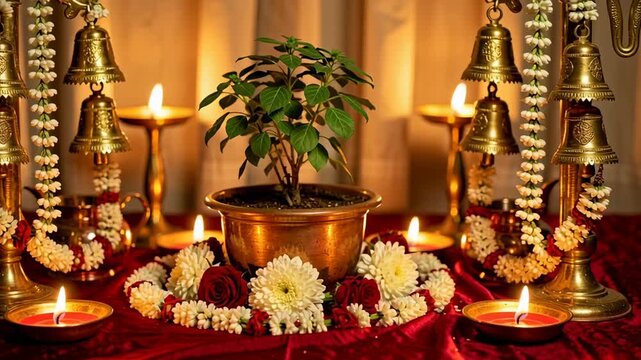 Sacred Tulsi Plant Decorated for Traditional Indian Marriage Ceremony