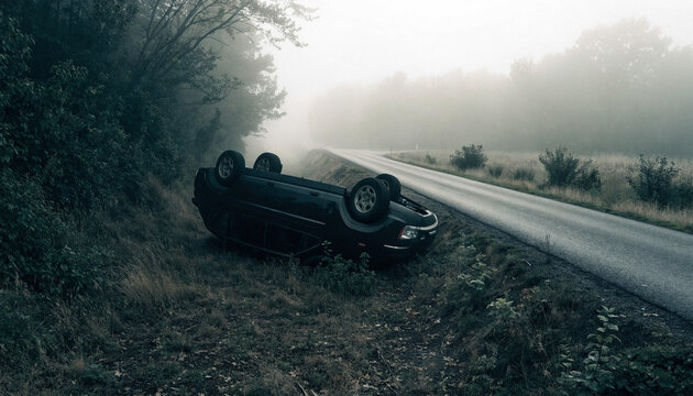 Overturned car in ditch, severe rollover traffic accident on foggy rural road