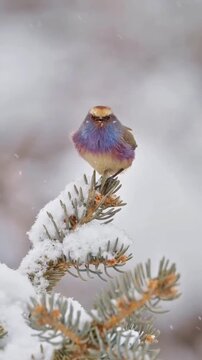 A colorful violet-backed starling perched on a snowy spruce branch during winter
