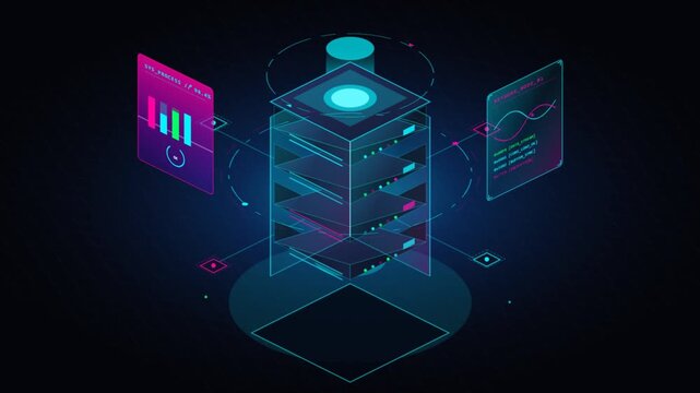 Isometric Server Rack with Data Visualization and Network Connections in a Dark Digital Environment.