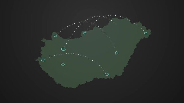 Hungary Map Animation with Signal Transmission Between Locations, Digital Network Concept