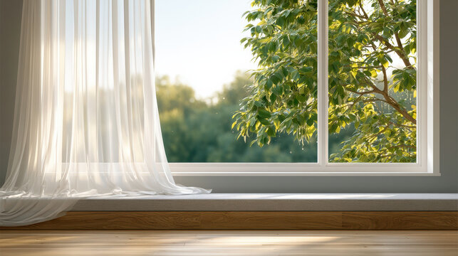Bright morning sunlight streams through large open window with sheer white curtain, tree and greenery outside, peaceful atmosphere