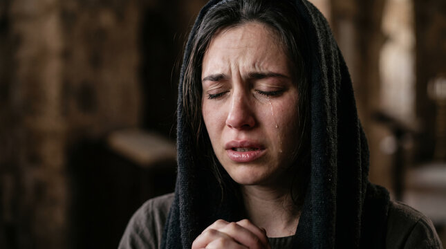 Hannah praying silently in the tabernacle with moving lips and no sound, while Eli the priest watches her suspiciously