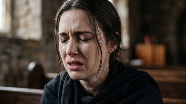 Hannah praying silently in the tabernacle with moving lips and no sound, while Eli the priest watches her suspiciously