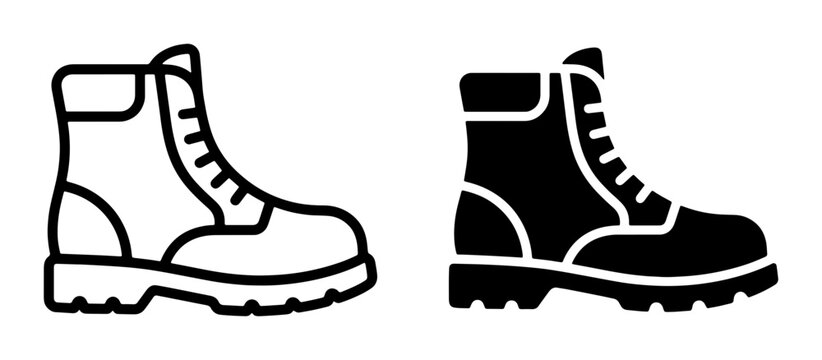 Work Boots, Combat Boots, Hiking Boots, Footwear Icons, Black and White Vector Illustrations for Outdoor Adventure and Industrial Use