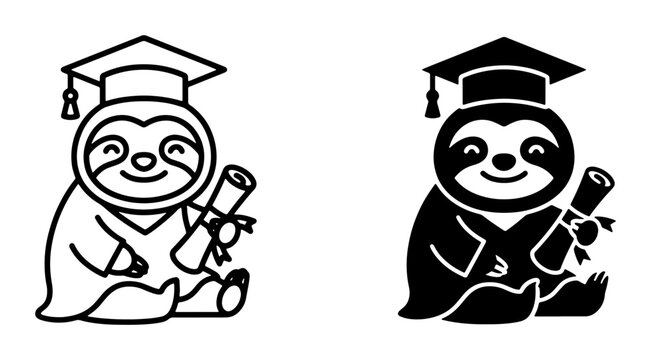 Graduation Sloth Vector Icons, Cute Animal Graduate Holding Diploma, Academic Achievement Symbol, Black and White Cartoon Illustration
