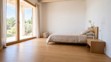 Obraz premium Sunlit minimalist bedroom with balcony access and Mediterranean garden view