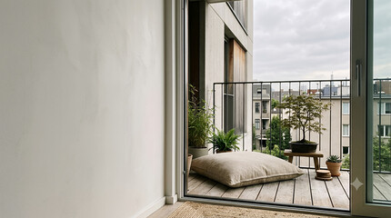 Obraz premium Cozy urban balcony with floor cushion and bonsai viewed from indoors