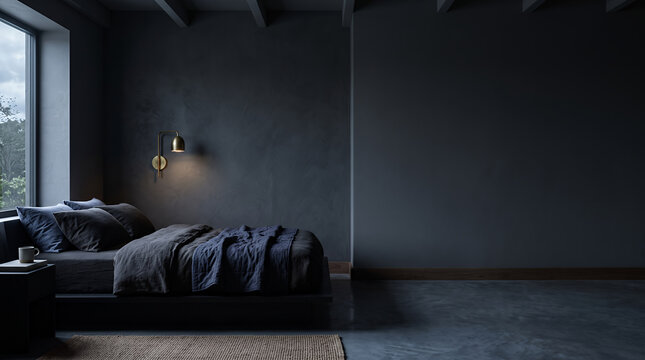Dark moody bedroom with charcoal walls brass sconce and dim linen bed
