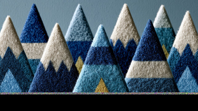 Mountains fashioned from layered blue felt fabric stand in a row to depict a stylized winter landscape.